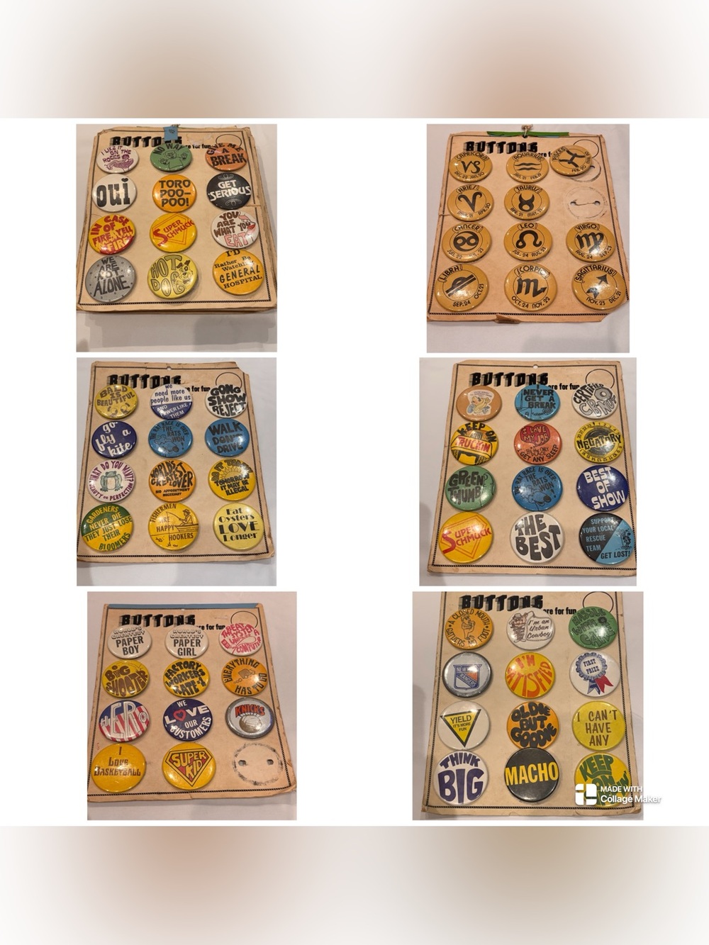 Vintage 70s Pinback/ Buttons. 4 pieces for $20